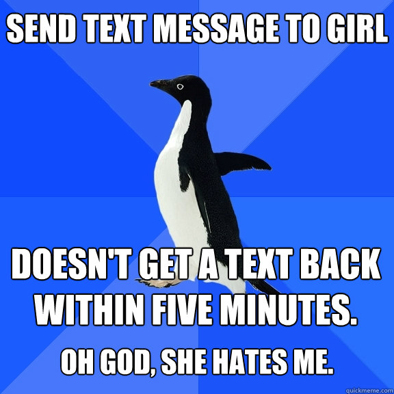 Send text message to girl Doesn't get a text back within five minutes.  OH GOD, SHE HATES ME.  Socially Awkward Penguin