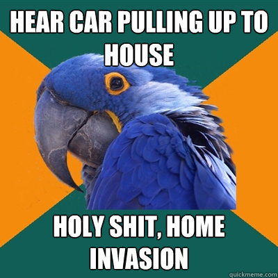 hear car pulling up to house holy shit, home invasion  Paranoid Parrot
