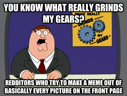 you know what really grinds my gears? Redditors who try to make a meme out of basically every picture on the front page - you know what really grinds my gears? Redditors who try to make a meme out of basically every picture on the front page  You know what really grinds my gears