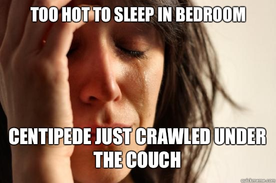 TOO HOT TO SLEEP IN BEDROOM
 CENTIPEDE JUST CRAWLED UNDER THE COUCH   First World Problems