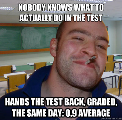 Nobody knows what to actually do in the test Hands the test back, graded, the same day: 0,9 average  Good Guy Teacher