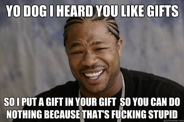 Yo Dog I heard you like gifts So i put a gift in your gift  so you can do nothing because that's fucking stupid  Xzibit meme