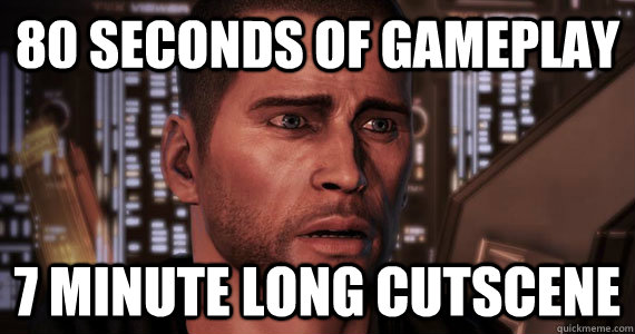 80 seconds of gameplay 7 minute long cutscene  Mass Effect 3 Ending