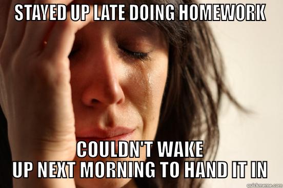 STAYED UP LATE DOING HOMEWORK COULDN'T WAKE UP NEXT MORNING TO HAND IT IN First World Problems