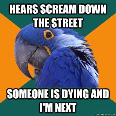 Hears scream down the street Someone is dying and i'm next  Paranoid Parrot