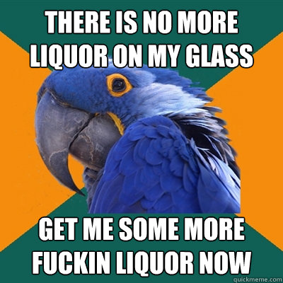 There is no more liquor on my glass Get me some more fuckin liquor now  Paranoid Parrot