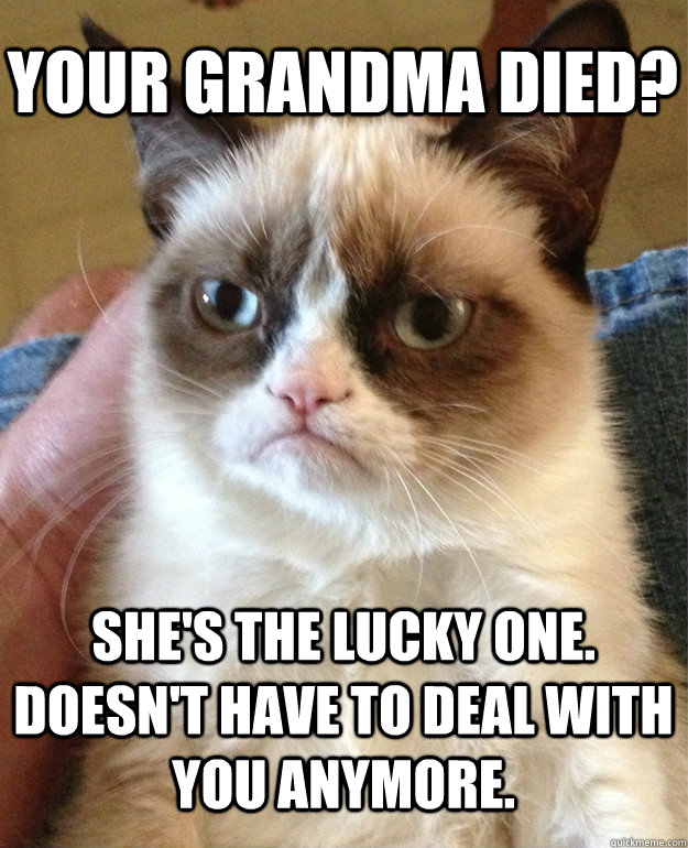 your grandma died? she's the lucky one. doesn't have to deal with you anymore.  Grumpy Cat