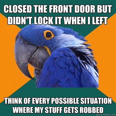 Closed the front door but didn't lock it when i left think of every possible situation where my stuff gets robbed  Paranoid Parrot