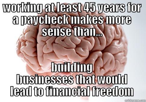 WORKING AT LEAST 45 YEARS FOR A PAYCHECK MAKES MORE SENSE THAN... BUILDING BUSINESSES THAT WOULD LEAD TO FINANCIAL FREEDOM Scumbag Brain