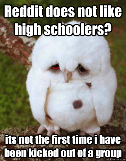 Reddit does not like high schoolers? its not the first time i have been kicked out of a group - Reddit does not like high schoolers? its not the first time i have been kicked out of a group  Depressed Baby Owl