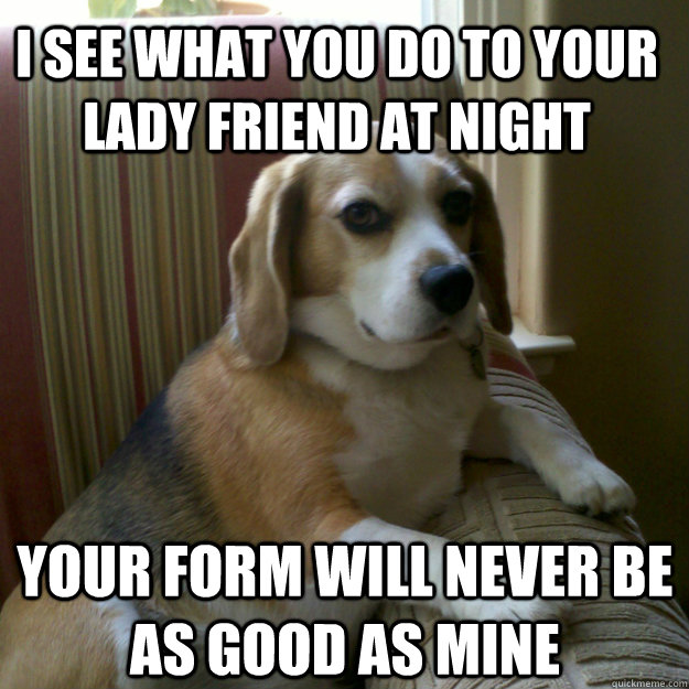 i see what you do to your lady friend at night your form will never be as good as mine  judgmental dog