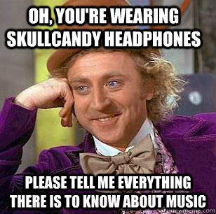 Oh, you're wearing skullcandy headphones Please tell me everything there is to know about music  Condescending Wonka