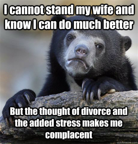 I cannot stand my wife and know I can do much better But the thought of divorce and the added stress makes me complacent  Confession Bear