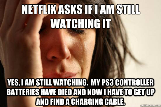 Netflix asks if I am still watching it Yes, I am still watching.  MY PS3 controller batteries have died and now I have to get up and find a charging cable.  First World Problems