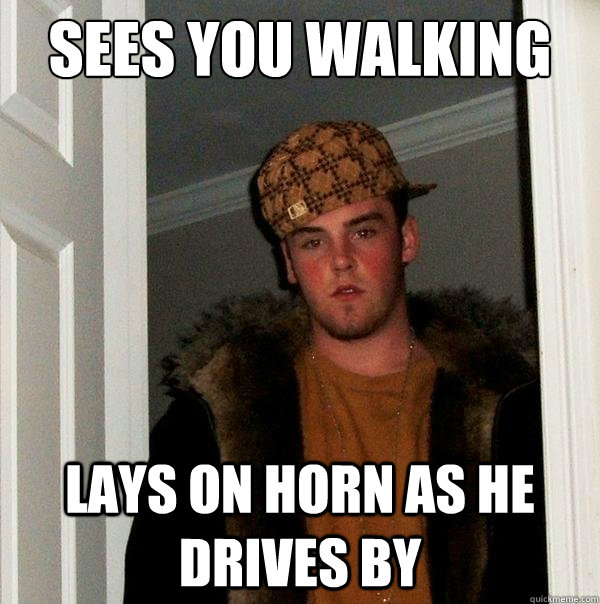 Sees you walking lays on horn as he drives by  Scumbag Steve