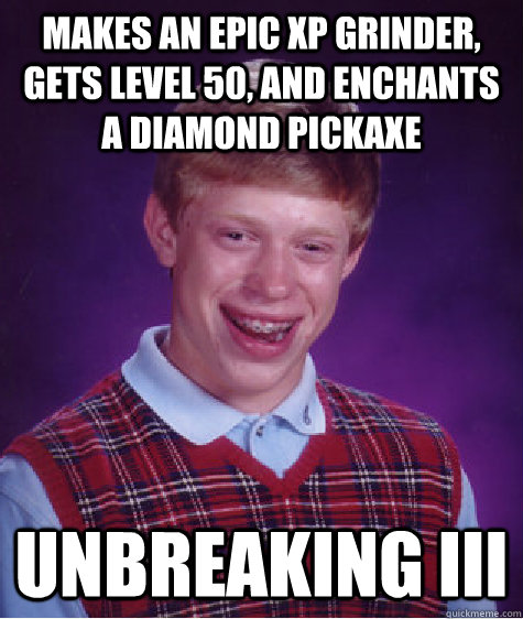 Makes an epic xp grinder, gets level 50, and enchants a diamond pickaxe unbreaking III  Bad Luck Brian
