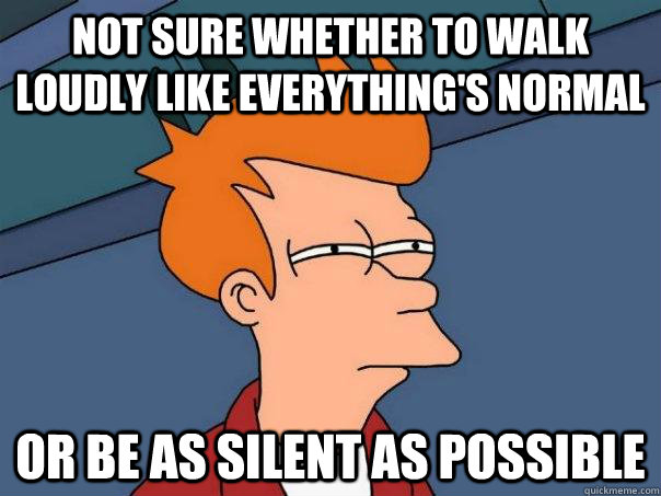 Not sure whether to walk loudly like everything's normal Or be as silent as possible  Futurama Fry