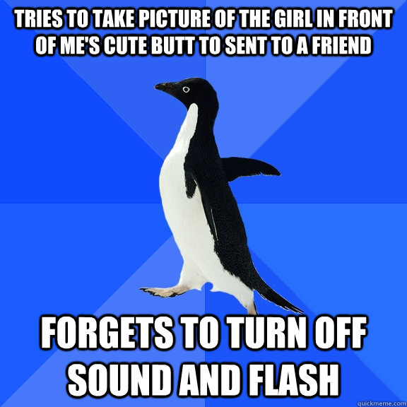 Tries to take picture of the girl in front of me's cute butt to sent to a friend Forgets to turn off sound AND flash  Socially Awkward Penguin