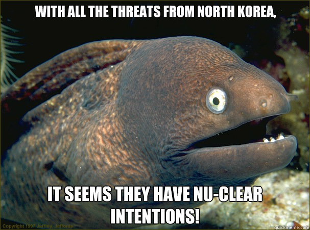 With all the threats from North Korea, It seems they have nu-clear intentions!  Bad Joke Eel