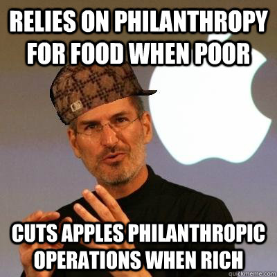 relies on philanthropy for food when poor cuts apples philanthropic operations when rich  Scumbag Steve Jobs