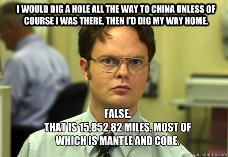 i would dig a hole all the way to china unless of course i was there, then i'd dig my way home. FALSE.  
that is 15,852.82 miles, most of which is mantle and core. - i would dig a hole all the way to china unless of course i was there, then i'd dig my way home. FALSE.  
that is 15,852.82 miles, most of which is mantle and core.  Schrute