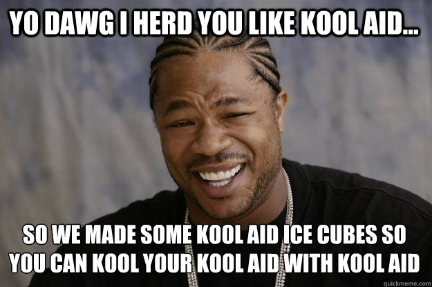 YO DAWG I HERD YOU LIKE KOOL AID... SO WE MADE SOME KOOL AID ICE CUBES SO YOU CAN KOOL YOUR KOOL AID WITH KOOL AID  Xzibit meme