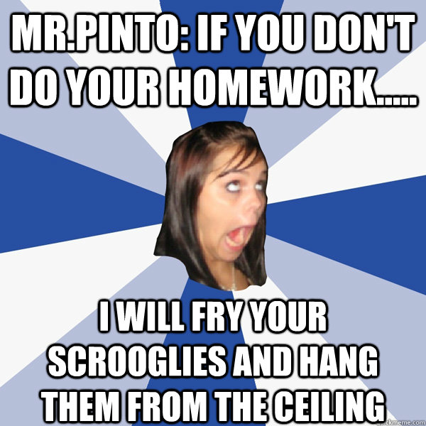 Mr.Pinto: if you don't do your homework..... I will fry your scrooglies and hang them from the ceiling  Annoying Facebook Girl