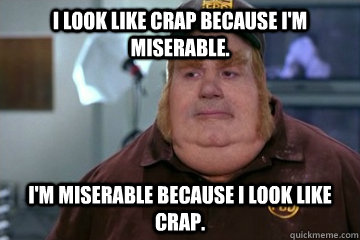 I look like crap because I'm miserable. I'm miserable because I look like crap.  Fat Bastard awkward moment