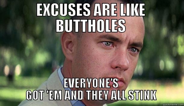 EXCUSES ARE LIKE BUTTHOLES EVERYONE'S GOT 'EM AND THEY ALL STINK Offensive Forrest Gump