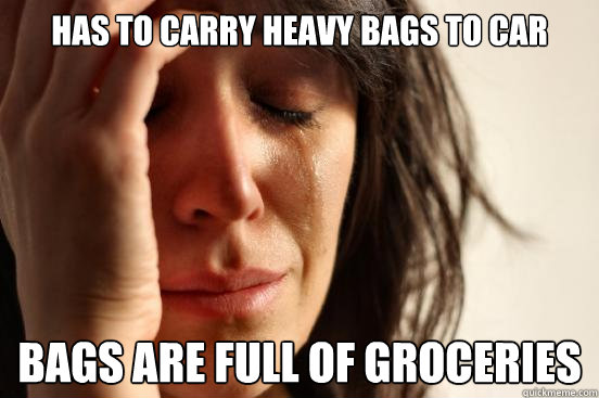 has to carry heavy bags to car bags are full of groceries  First World Problems