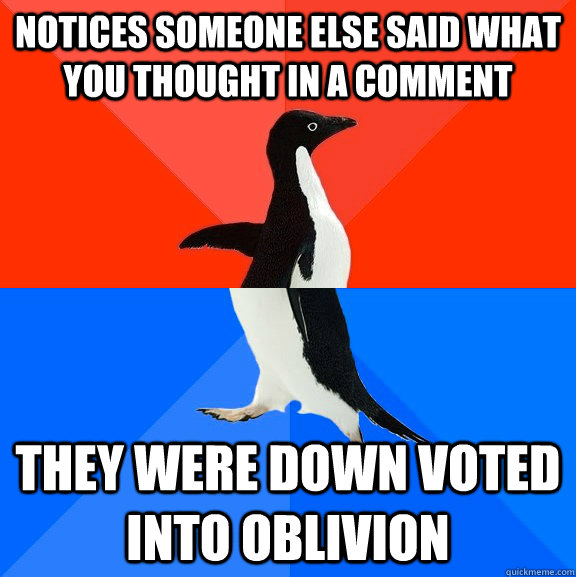Notices someone else said what you thought in a comment they were down voted into oblivion  Socially Awesome Awkward Penguin