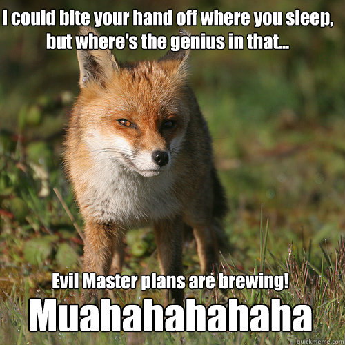 I could bite your hand off where you sleep, but where's the genius in that... Evil Master plans are brewing!
 Muahahahahaha  Smug Fox