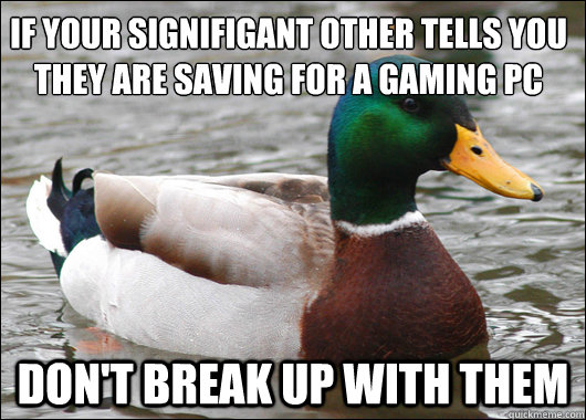 if your signifigant other tells you they are saving for a gaming pc Don't break up with them  Actual Advice Mallard