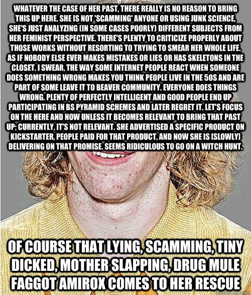 Whatever the case of her past, there really is no reason to bring this up here. She is not 'scamming' anyone or using junk science, she's just analyzing (in some cases poorly) different subjects from her feminist perspective. There's plenty to criticize p  NeoGAF Asshole