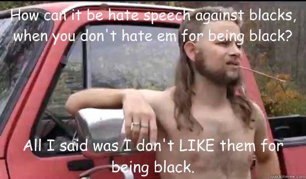 How can it be hate speech against blacks, when you don't hate em for being black? All I said was I don't LIKE them for being black.  Almost Politically Correct Redneck