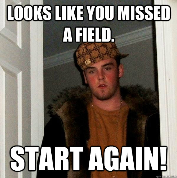 Looks like You Missed a field. Start again!  Scumbag Steve