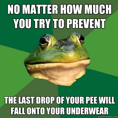 no matter how much you try to prevent the last drop of your pee will fall onto your underwear  Foul Bachelor Frog