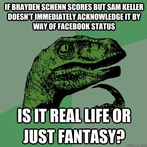 if brayden schenn scores but sam keller doesn't immediately acknowledge it by way of facebook status is it real life or just fantasy?  Philosoraptor