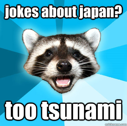 jokes about japan? too tsunami  Lame Pun Coon
