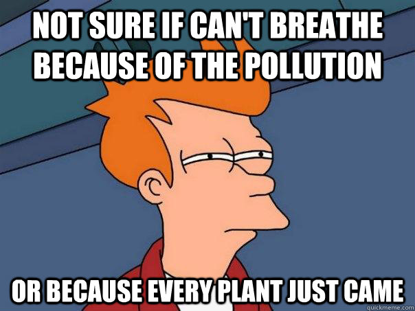 Not sure if can't breathe because of the pollution or because every plant just came  Futurama Fry