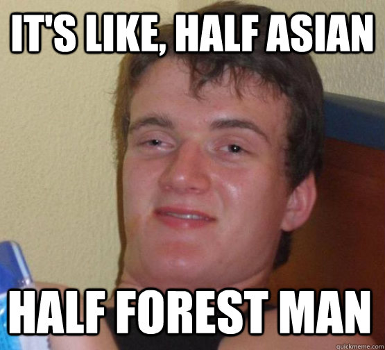 It's like, Half asian Half Forest man  stoner guy