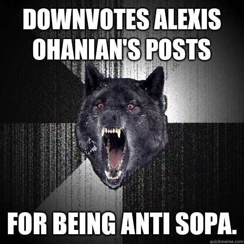 Downvotes Alexis Ohanian's posts For being anti SOPA.   Insanity Wolf