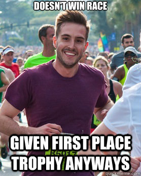 Doesn't win race Given first place trophy anyways  Ridiculously photogenic guy