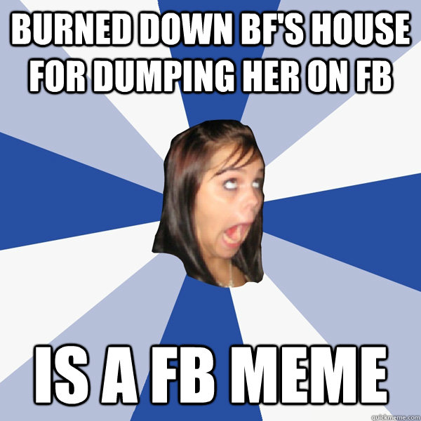 burned down bf's house for dumping her on fb is a fb meme  Annoying Facebook Girl