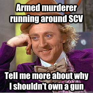 Armed murderer running around SCV Tell me more about why I shouldn't own a gun  Condescending Wonka
