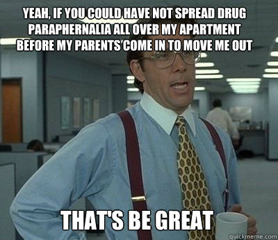 yeah, if you could have not spread drug paraphernalia all over my apartment before my parents come in to move me out That's be great - yeah, if you could have not spread drug paraphernalia all over my apartment before my parents come in to move me out That's be great  Bill Lumbergh