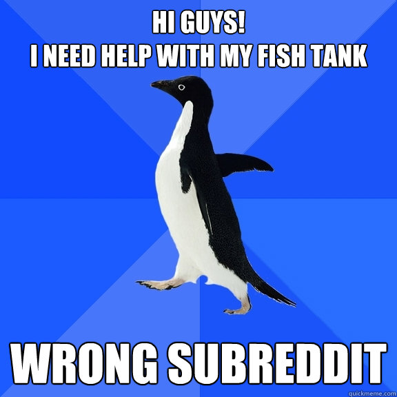 Hi guys! 
I need help with my fish tank wrong subreddit  Socially Awkward Penguin
