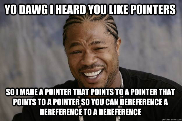 yo dawg i heard you like pointers so i made a pointer that points to a pointer that points to a pointer so you can dereference a dereference to a dereference  Xzibit meme