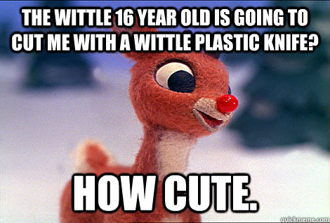 the wittle 16 year old is going to cut me with a wittle plastic knife? how cute.  Condescending Rudolph