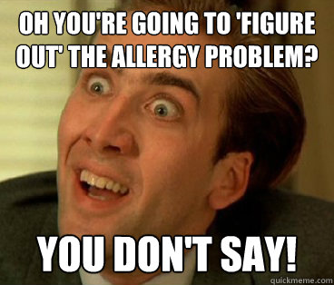 Oh you're going to 'figure out' the allergy problem? You don't say! - Oh you're going to 'figure out' the allergy problem? You don't say!  Nic Cage